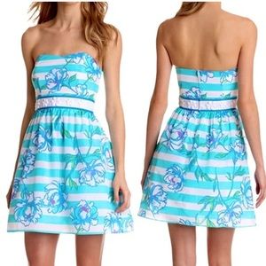Lilly Pullitzer Floral Strapless Blue‎ and White Dress